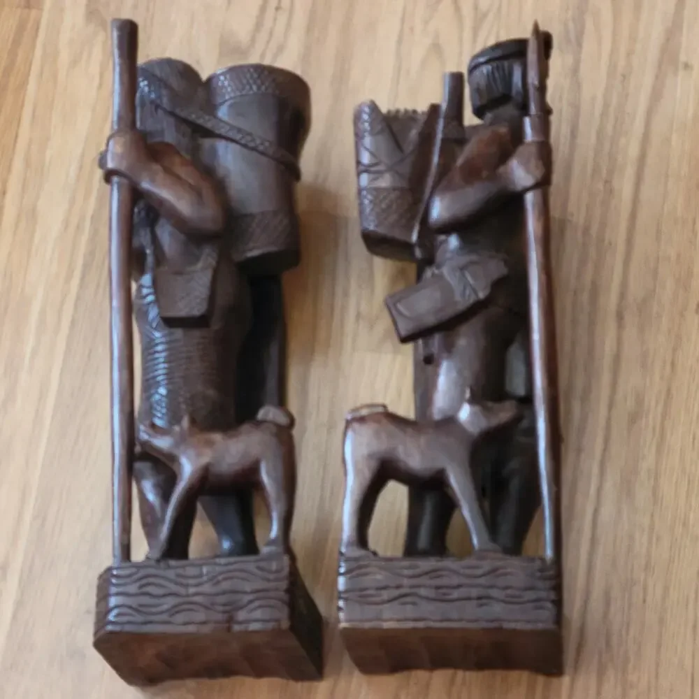 Vintage Latin American Carved Wood Book ends Statues Men and Women with dog